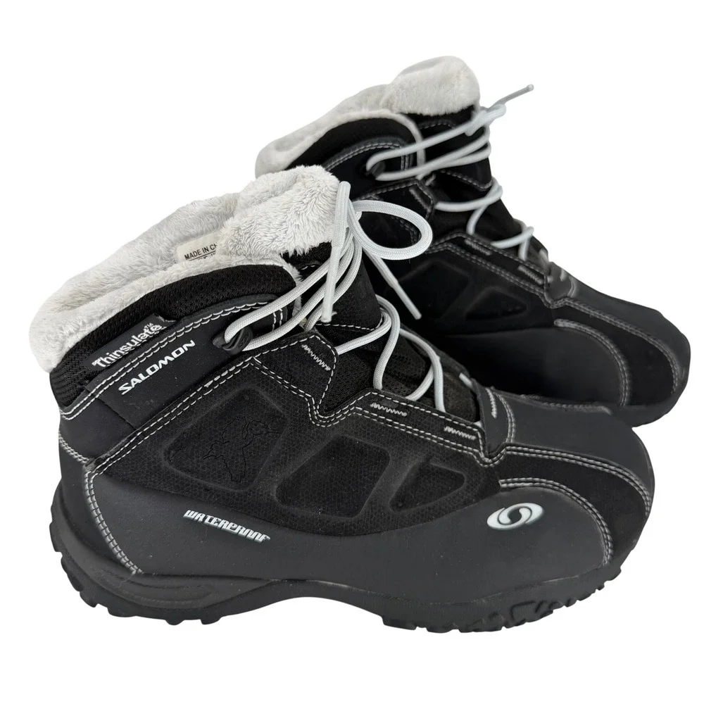 Salomon Thinsulate Waterproof Winter‎ Boots Black Faux Fur Snow Hiking Womens 7